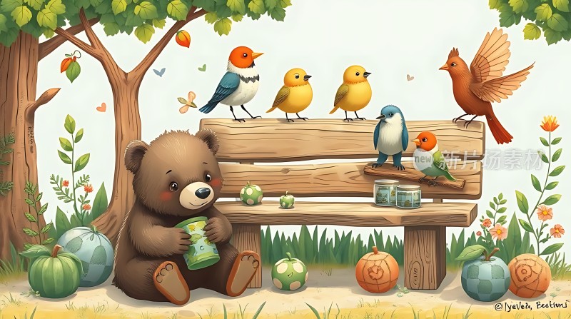 小熊与鸟儿的和谐时光