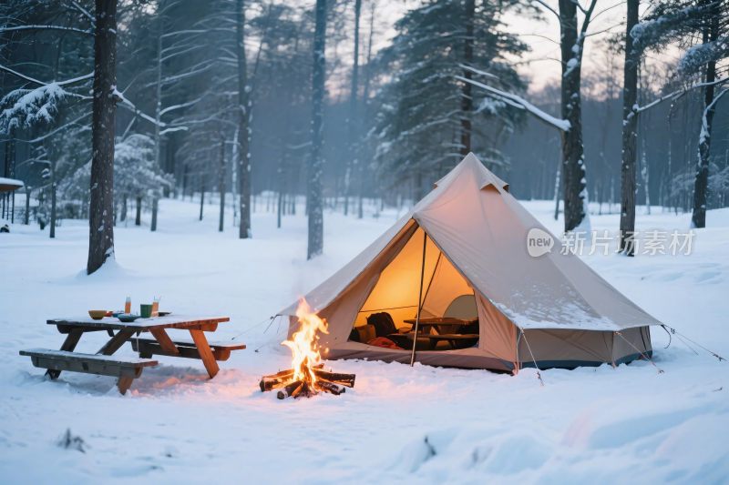 雪地露营帐篷夜景