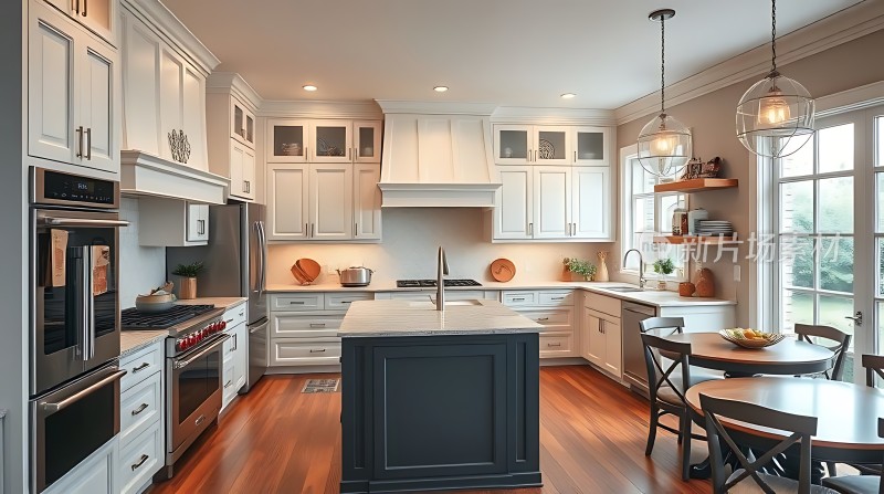 现代厨房设计白色橱柜与深色岛台相得益彰自然光线充足温馨舒适