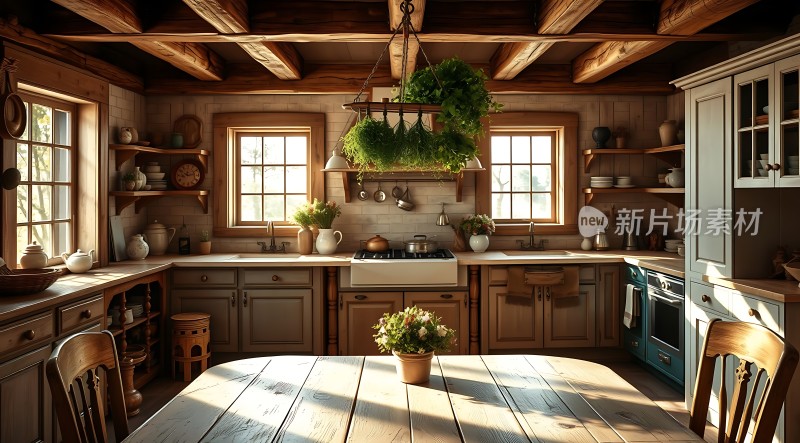 阳光洒满温馨厨房绿植点缀木制家具