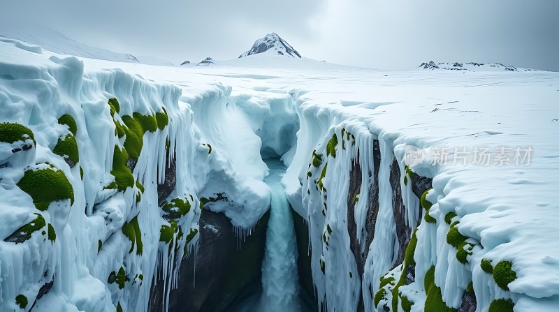 冰封峡谷雪覆山峰绿苔点缀自然奇观