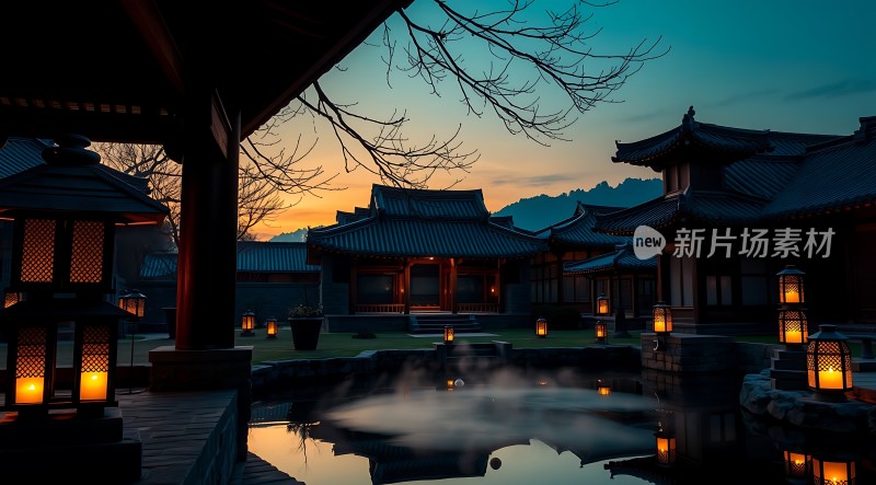 古风庭院夜色灯笼映照