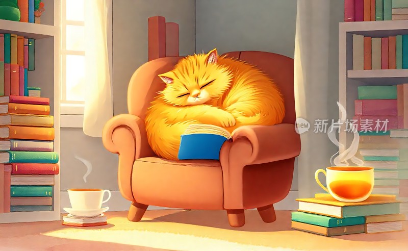 阳光午后橘猫悠闲阅读时光