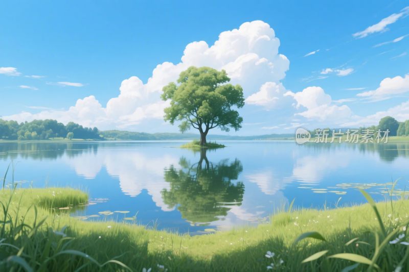 湖景孤树风景插画