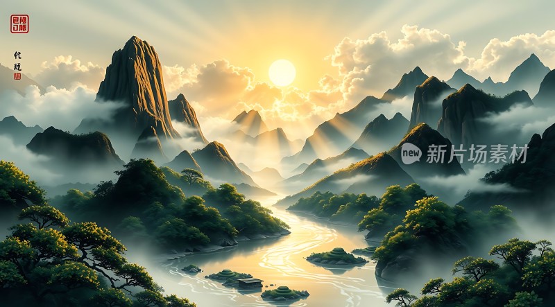 晨曦映照下的山水画卷