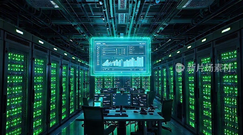 科技感数据中心绿色灯光下的服务器集群和操作台