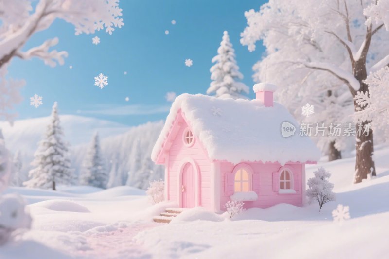 童话雪景粉屋插画