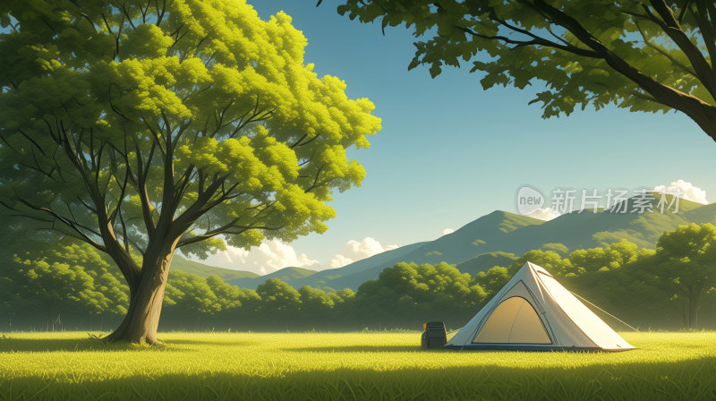 晴朗的天气，绿油油的草坪，树荫下的帐篷