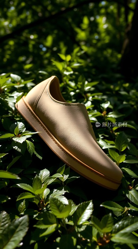 浅棕皮鞋静卧绿叶间