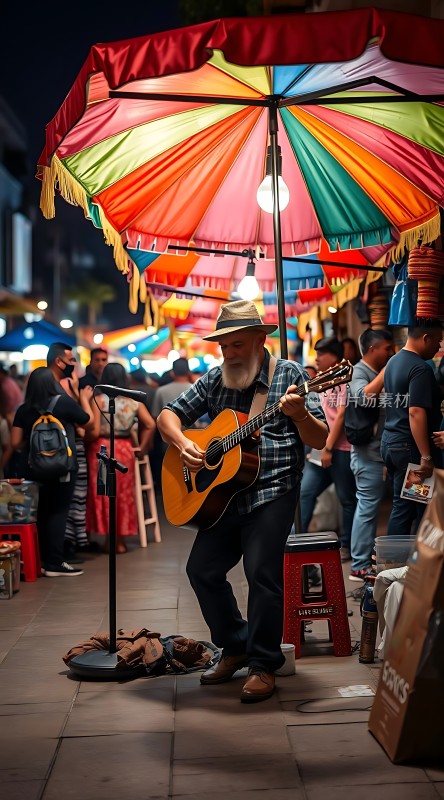 街头吉他手夜市弹唱表演