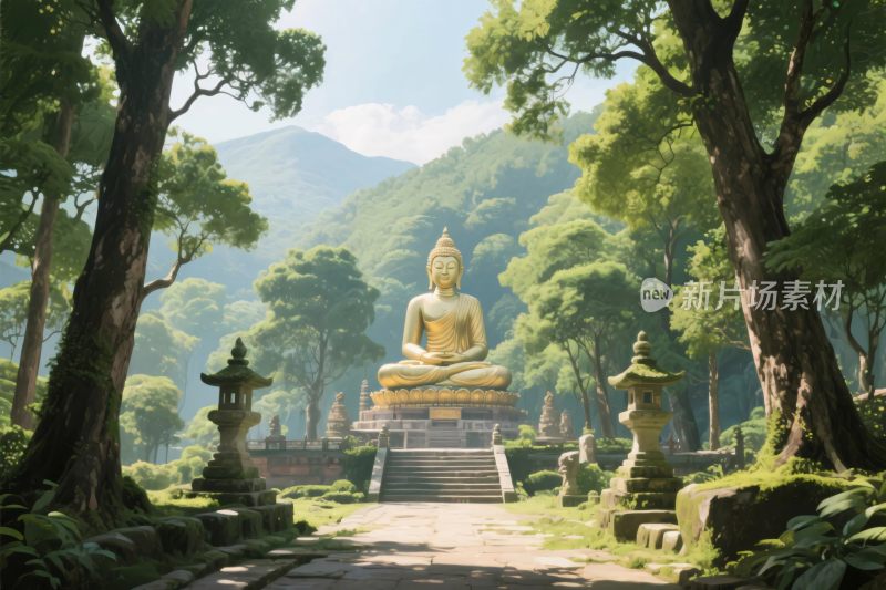 林间佛像风景插画