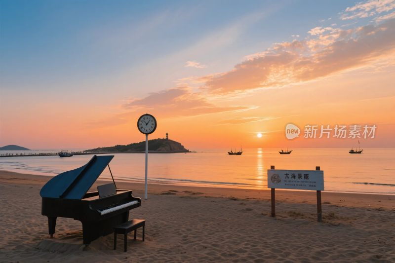 海滩钢琴夕阳风景