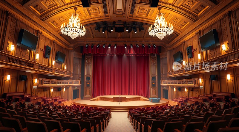 豪华剧院内部红幕布舞台精美吊灯与观众席