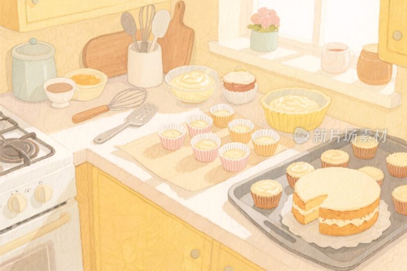 厨房内甜点烘焙插画