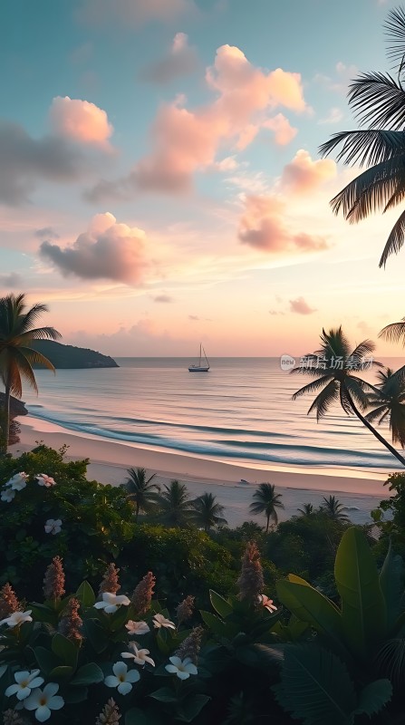 椰林花海日落帆影