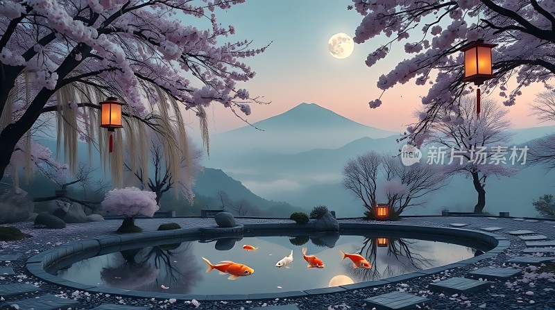 春夜月下池边鱼戏图