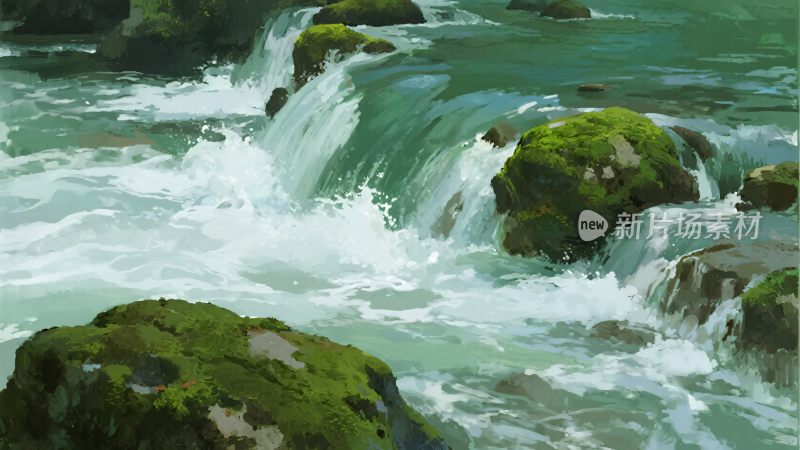 山间溪流与覆青苔石块景观
