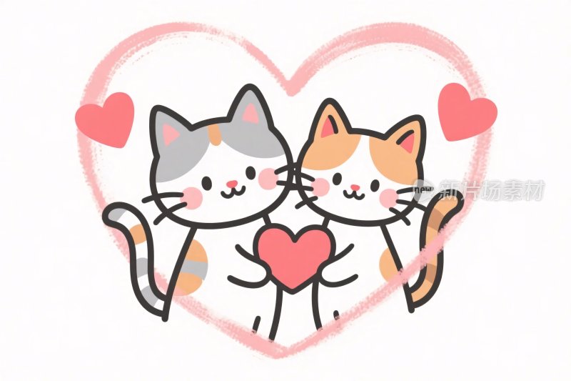 两只猫咪爱心卡通插画