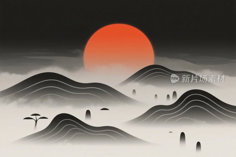 中式水墨山水日出景象