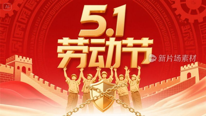 竖版现代国潮风海报5.1劳动节烫金立体字