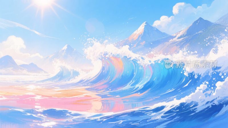 唯美海浪与远山的风景插画