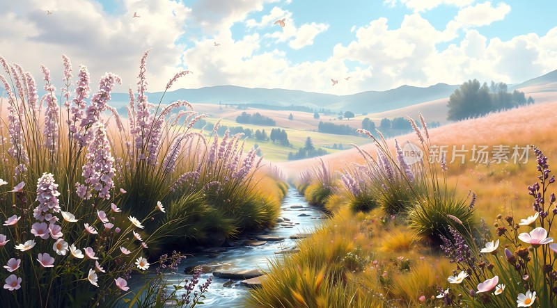 阳光下的花海小溪