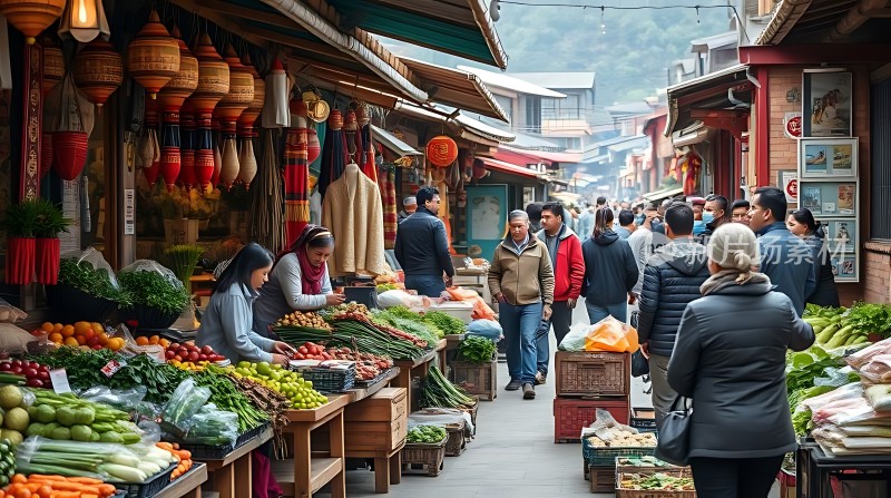 热闹市场琳琅满目商品人来人往