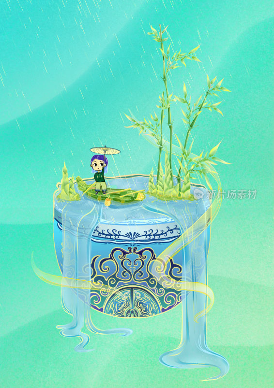 二十四节气植物雨水夏季打着伞看春笋