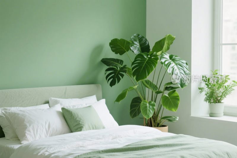 绿色墙面卧室绿植