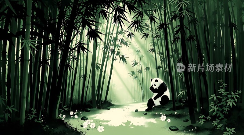 竹影斑驳下的熊猫沉思