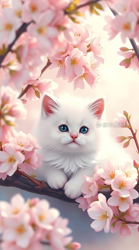 白猫樱花图
