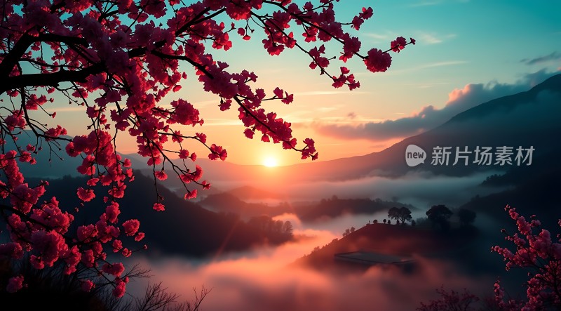 春日山景樱花绽放云雾缭绕日出美景