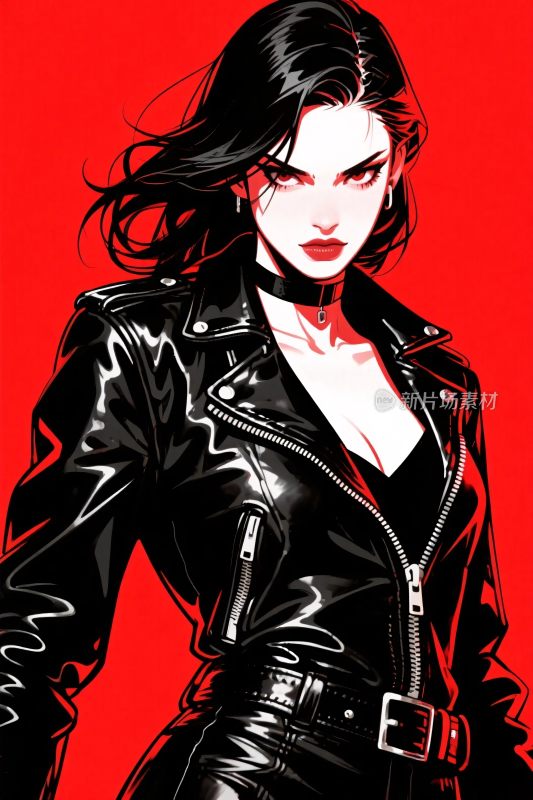 黑色皮衣女性插画