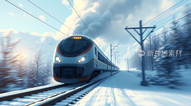 雪地高速列车行驶在铁轨上