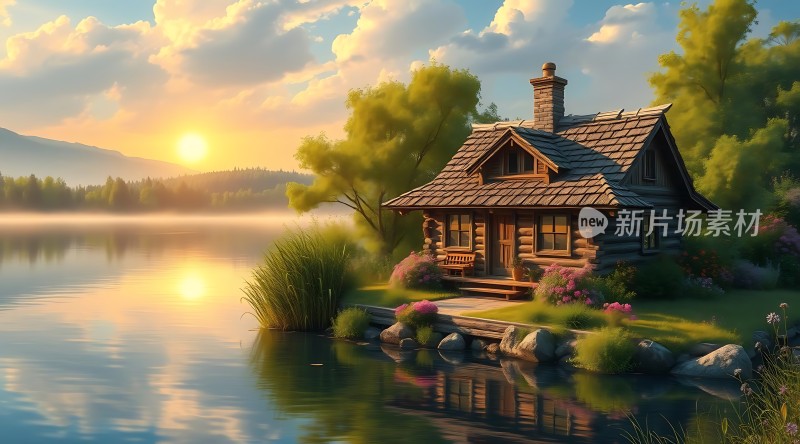 湖畔小木屋晨光映水波