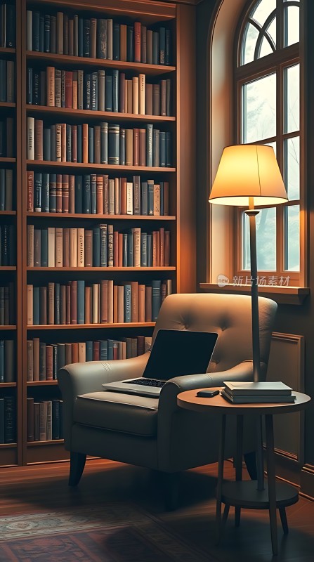 书房一角书架、椅子和台灯营造温馨氛围