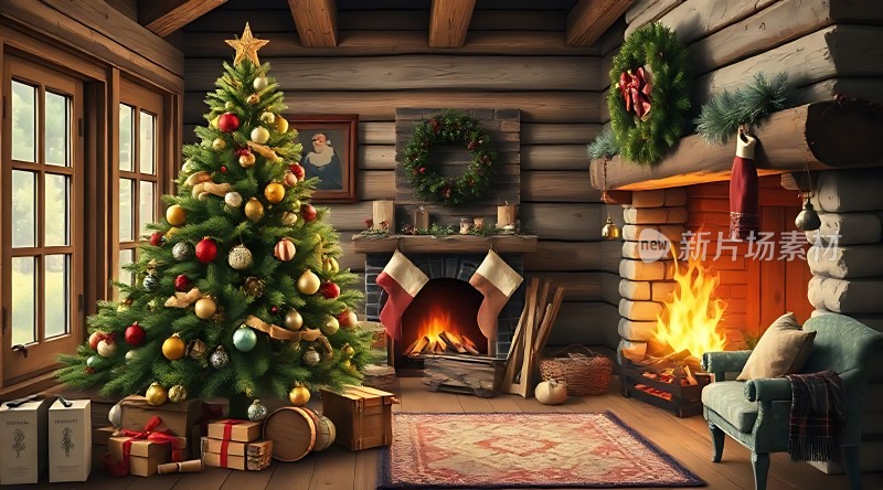 温馨圣诞之家火炉旁的节日盛宴