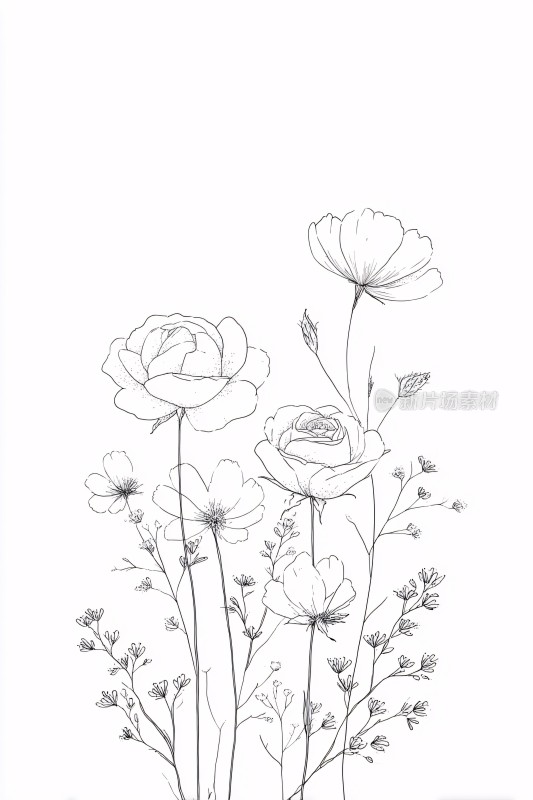 黑白手绘花卉插画