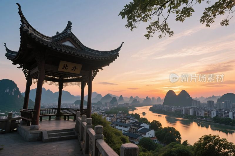 山水古亭夕阳景观