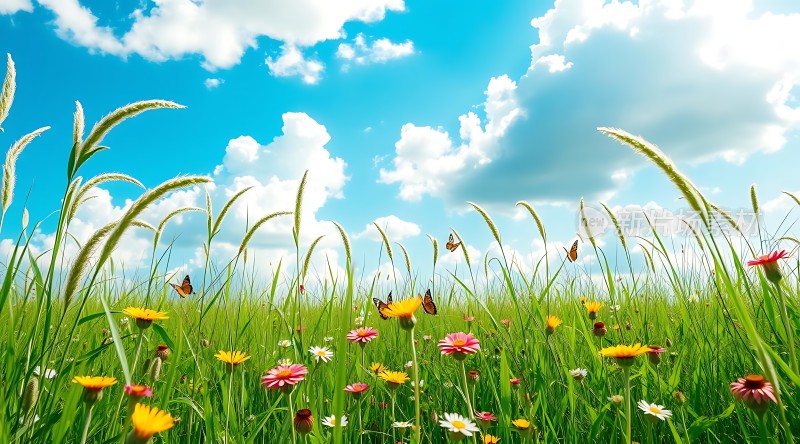 蓝天白云下的花海草地