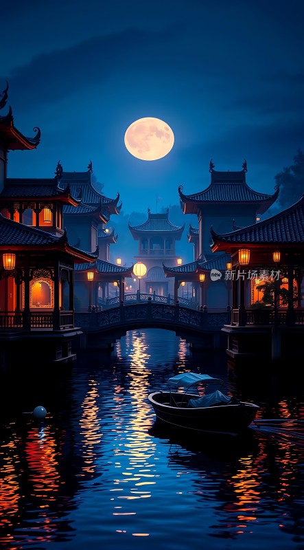 月下古桥水乡船影