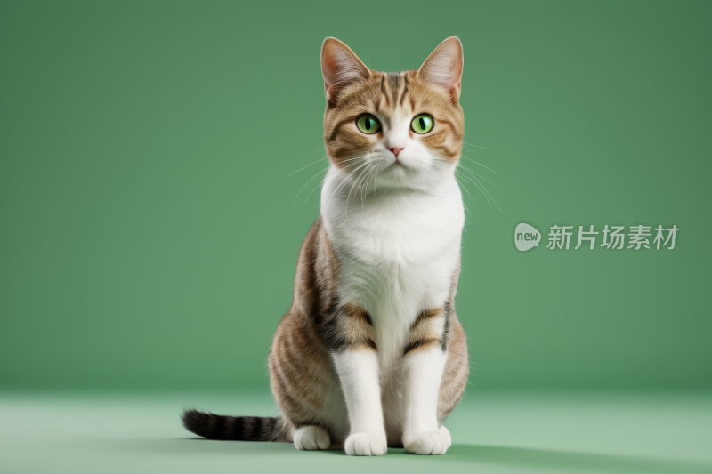 一只猫在绿色的背景上看着镜头图片