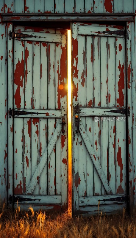 阳光透过破旧的木门洒下温暖的光芒