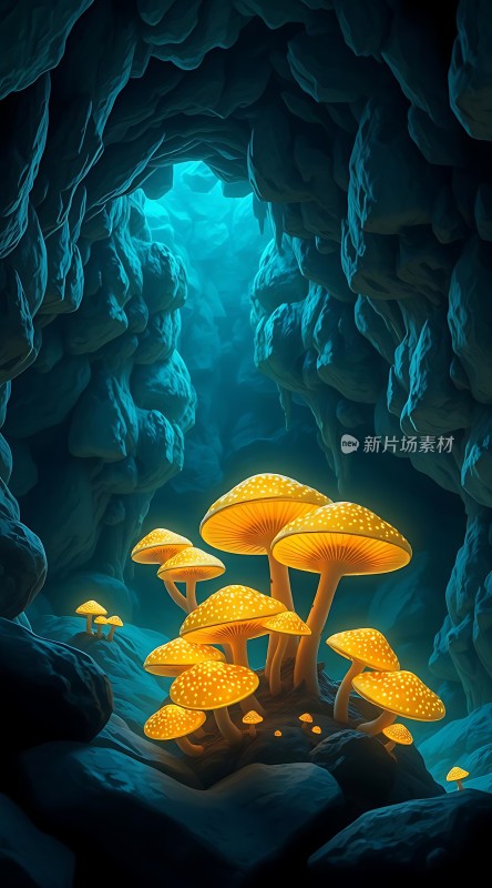 神秘洞穴中的发光蘑菇群