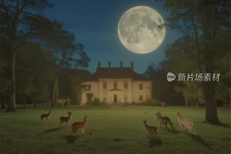 夜幕下庄园与鹿群