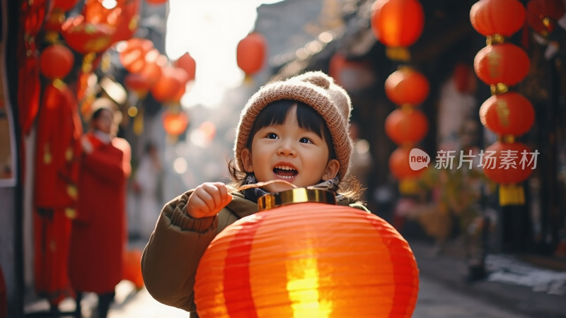 新年红灯笼下的提着灯笼的娃