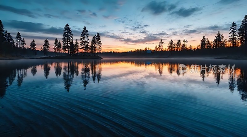 湖畔晨曦映翠林