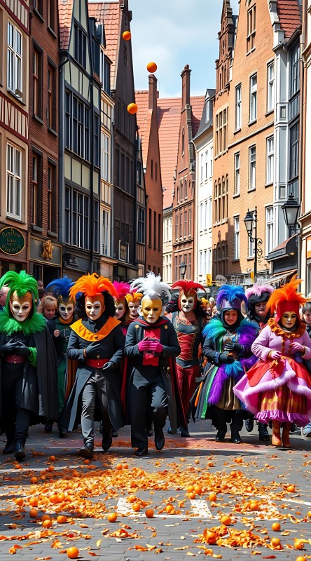 彩色面具与橙色果实交织的城市狂欢节
