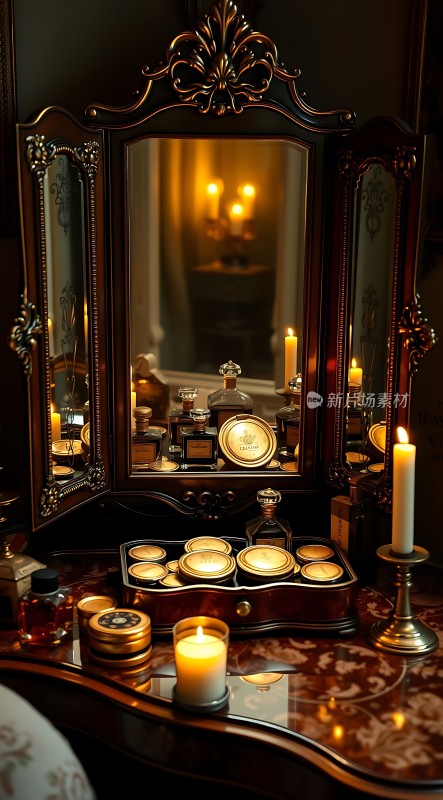 古董化妆台上的蜡烛与香水