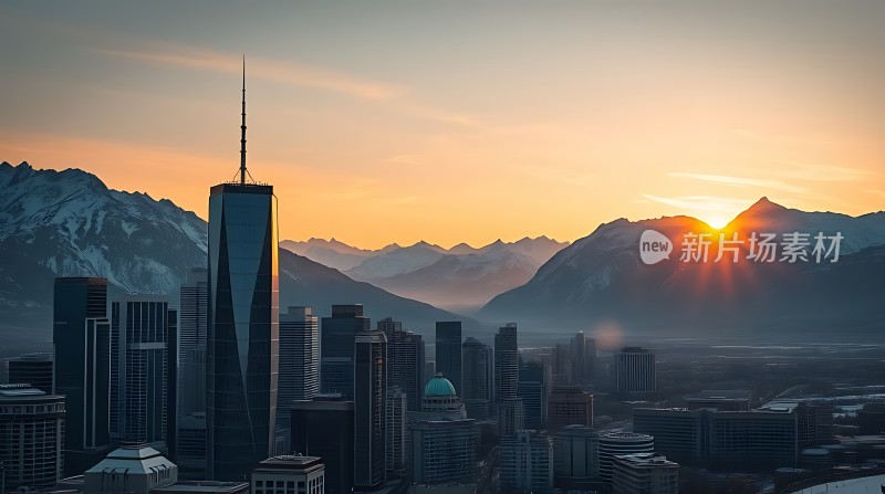 城市日出山峦环绕高楼林立